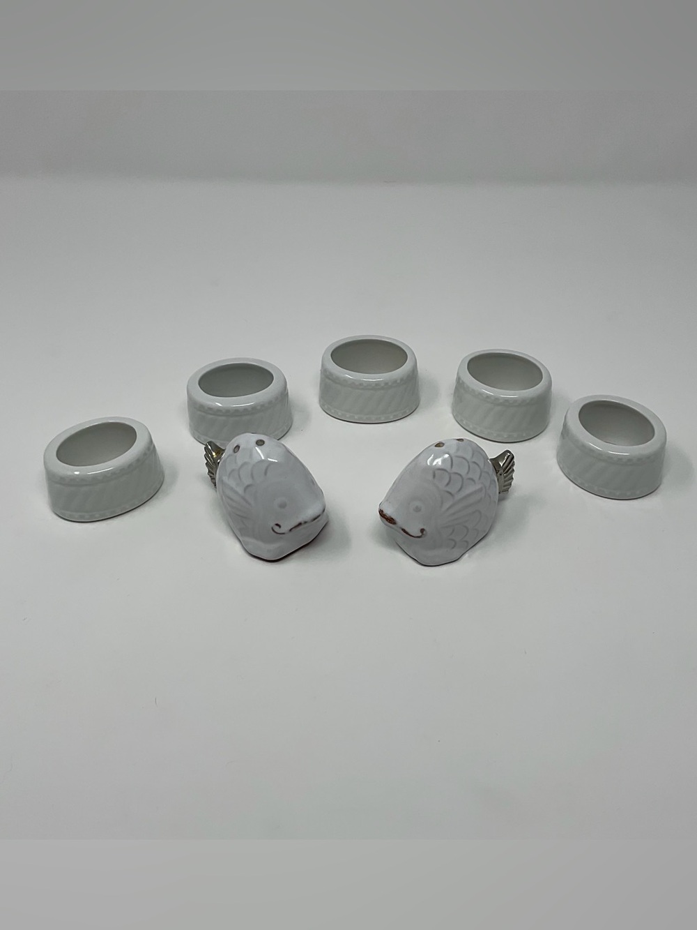 Mud Pie Fish Salt & Pepper Shakers w/ 5 White Ceramic Napkin Rings Coastal